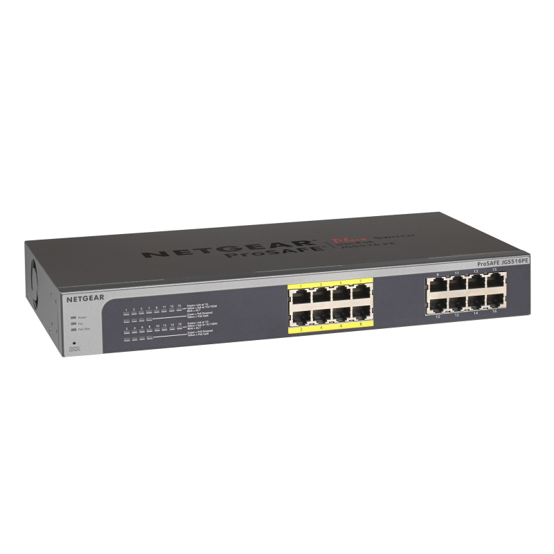 NETGEAR ProSafe Plus JGS516PE Géré L3 Gigabit Ethernet (10/100/1000) Connexion Ethernet, supportant l'alimentation via ce port (PoE) Noir