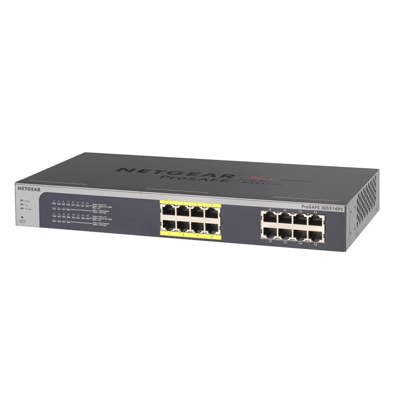 NETGEAR ProSafe Plus JGS516PE Géré L3 Gigabit Ethernet (10/100/1000) Connexion Ethernet, supportant l'alimentation via ce port (PoE) Noir