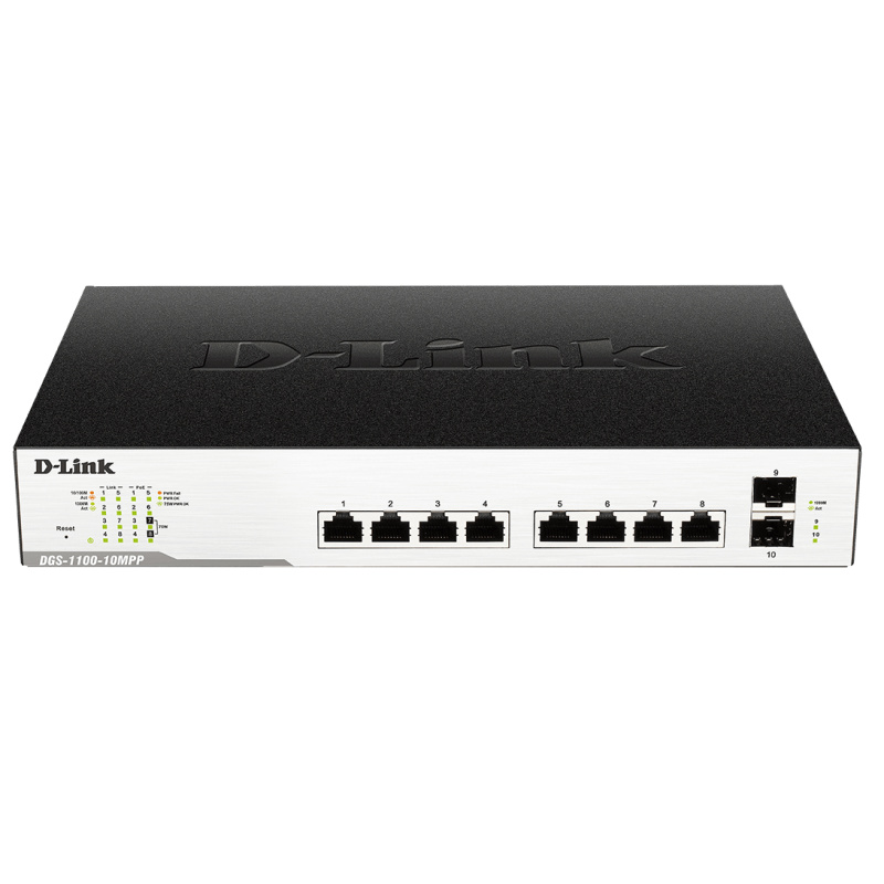 D-Link DGS-1100-10MP commutateur réseau Géré L2 Gigabit Ethernet (10/100/1000) Connexion Ethernet, supportant l'alimentation via ce port (PoE) 1U Noir