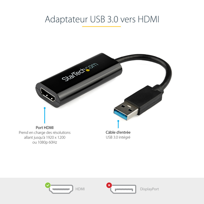 StarTech.com Adaptateur USB 3.0 vers HDMI - 1080p - Convertisseur d'Écran Slim/Compact USB Type-A vers HDMI pour Moniteur - Carte Vidéo et Graphique Externe - Noir - Windows Uniquement