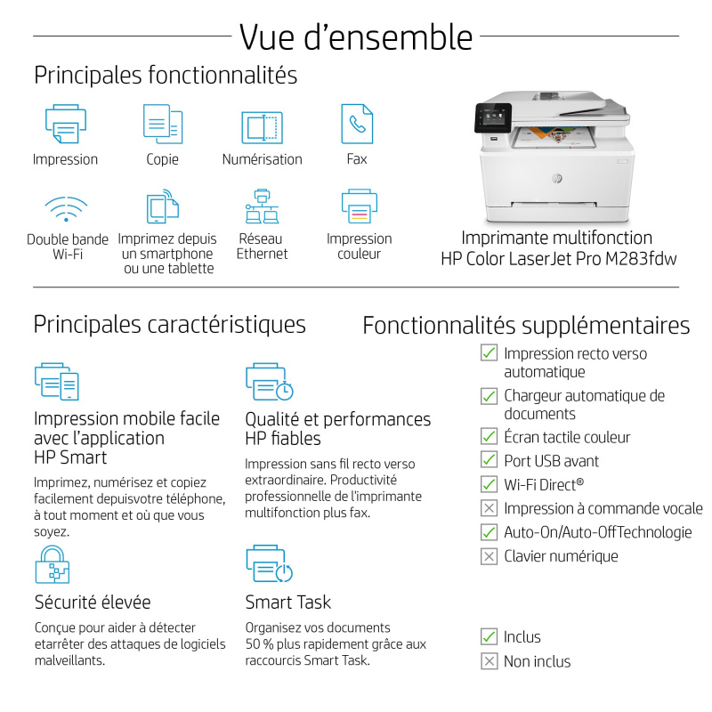 HP Color LaserJet Pro Imprimante multifonction M283fdw, Couleur, Imprimante pour Impression, copie, scan, fax, Impression USB en façade; Numérisation vers e-mail; Impression recto-verso; Chargeur automatique de documents déroulé de 50 feuilles