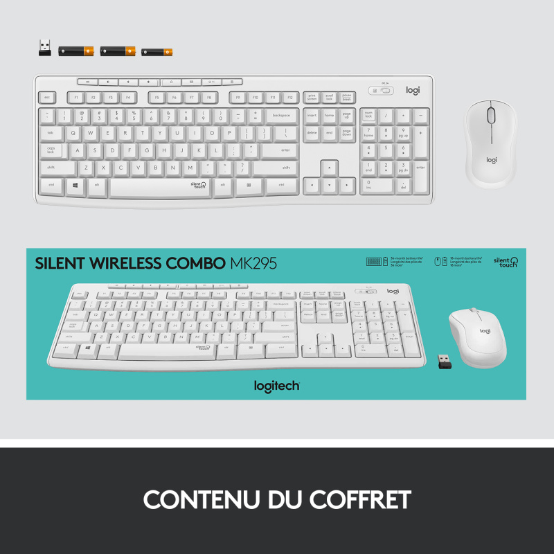 Logitech MK295 Silent Wireless Combo clavier Souris incluse Bureau RF sans fil AZERTY Français Blanc