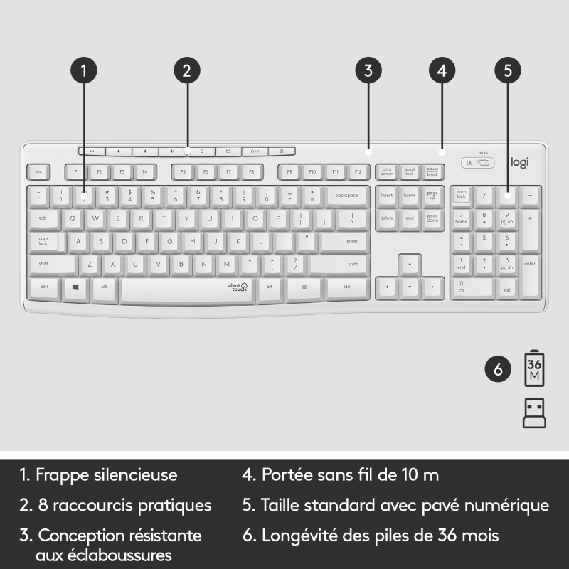 Logitech MK295 Silent Wireless Combo clavier Souris incluse Bureau RF sans fil AZERTY Français Blanc