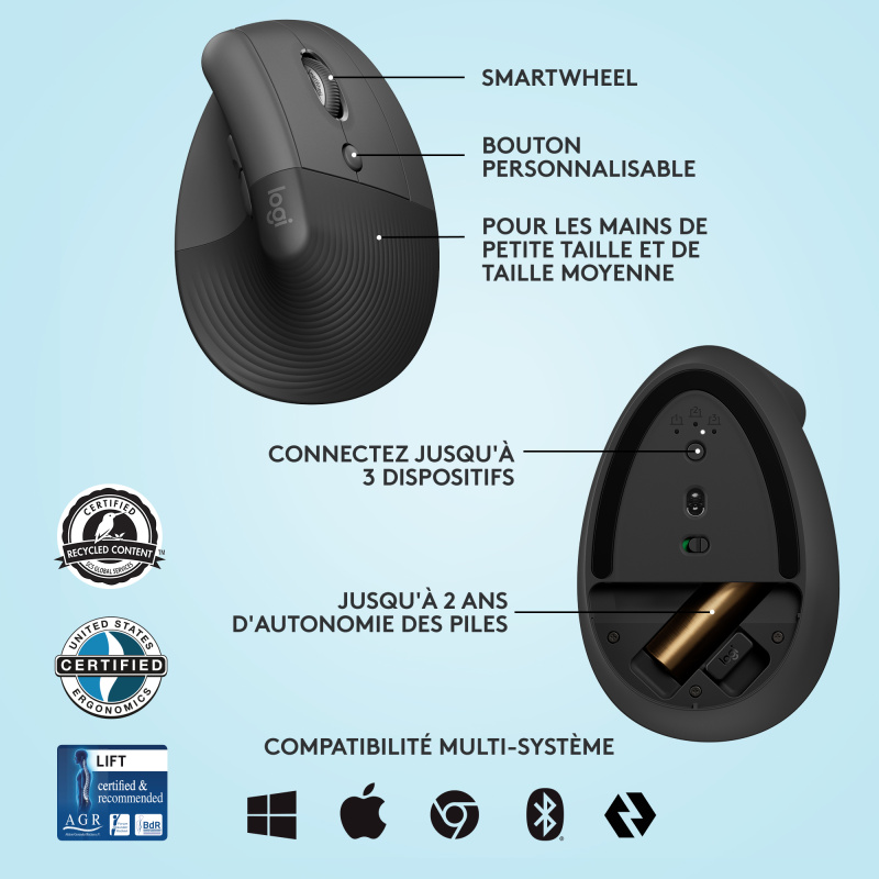 Logitech Lift souris Bureau Droitier RF sans fil + Bluetooth Optique 4000 DPI