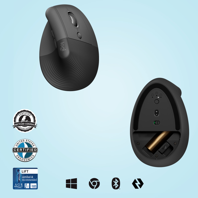 Logitech Lift souris Bureau Droitier RF sans fil + Bluetooth Optique 4000 DPI