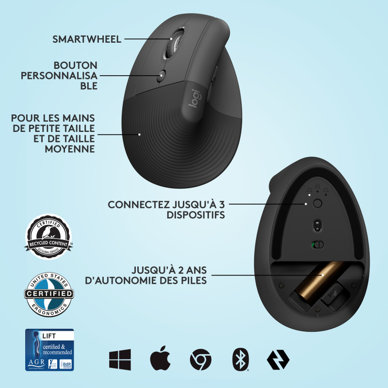 Logitech Lift souris Bureau Gauche RF sans fil + Bluetooth Optique 4000 DPI