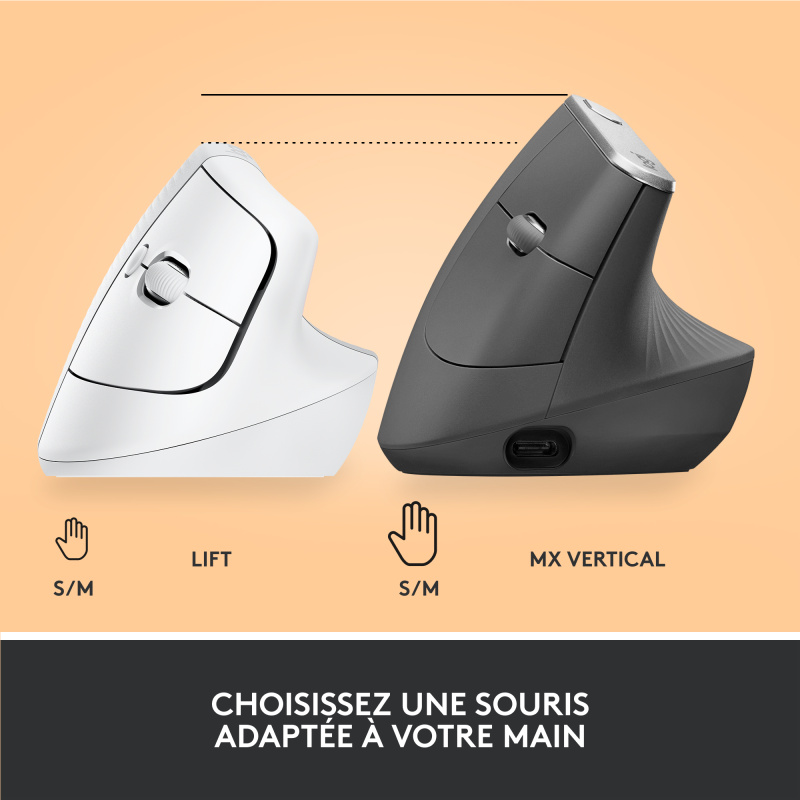 Logitech Lift souris Bureau Droitier RF sans fil + Bluetooth Optique 4000 DPI