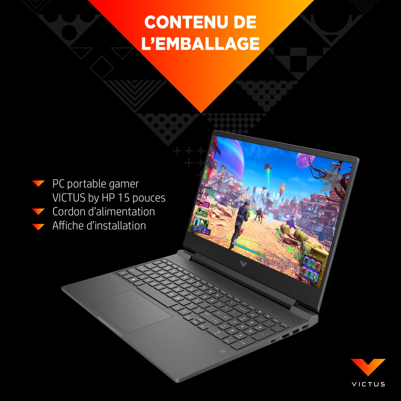 HP Victus Gaming 15-fa0026nf Intel® Core™ i5 i5-12450H Ordinateur portable 39,6 cm (15.6") Full HD 16 Go DDR4-SDRAM 512 Go SSD NVIDIA GeForce RTX 3050 Wi-Fi 6 (802.11ax) Windows 11 Home Noir