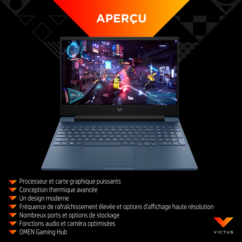 HP Victus Gaming 15-fa0026nf Intel® Core™ i5 i5-12450H Ordinateur portable 39,6 cm (15.6") Full HD 16 Go DDR4-SDRAM 512 Go SSD NVIDIA GeForce RTX 3050 Wi-Fi 6 (802.11ax) Windows 11 Home Noir