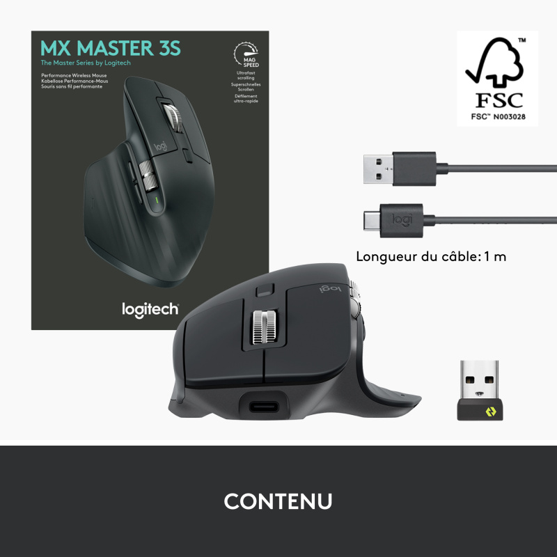 Logitech MX Master 3S souris Bureau Droitier RF sans fil + Bluetooth Laser 8000 DPI