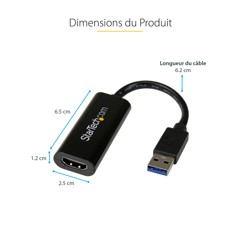 StarTech.com Adaptateur USB 3.0 vers HDMI - 1080p - Convertisseur d'Écran Slim/Compact USB Type-A vers HDMI pour Moniteur - Carte Vidéo et Graphique Externe - Noir - Windows Uniquement